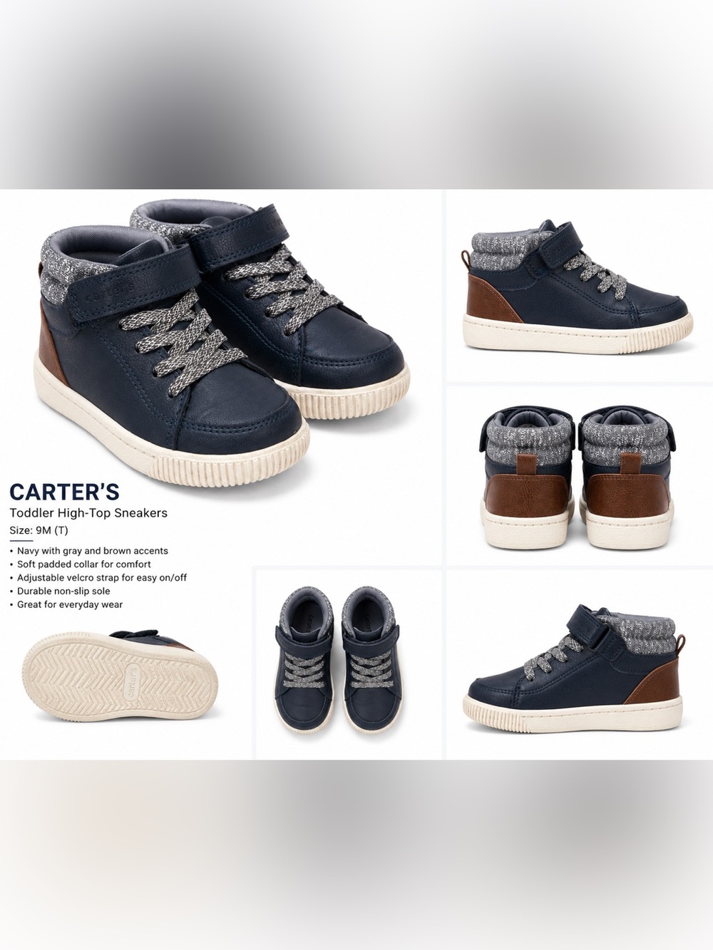 Carter’s Toddler High-Top Sneakers Navy Gray Brown Hook & Loop Shoes 9M size